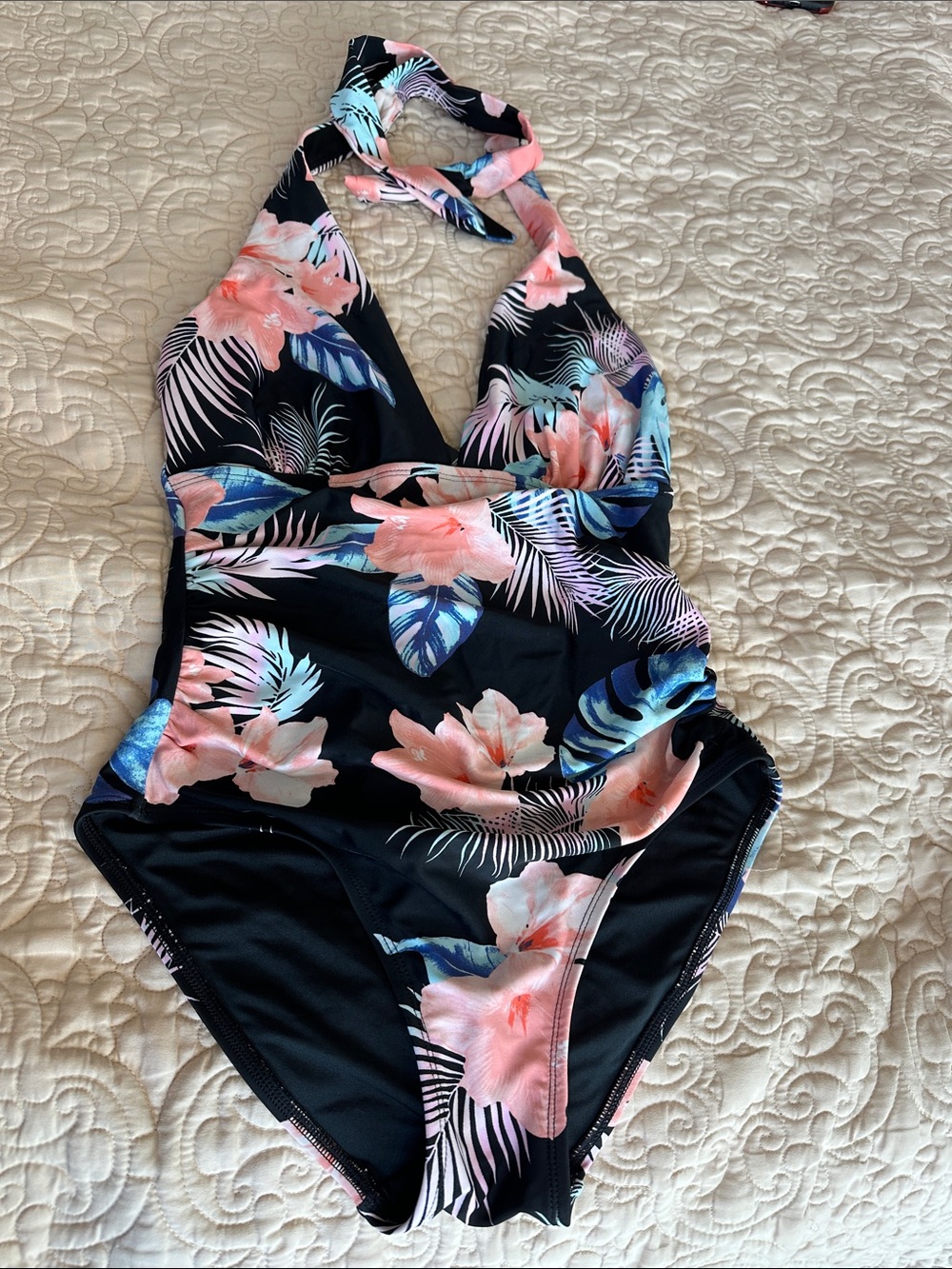 Dkny Black Halter One-Piece Swimsuit with Pink Floral Print